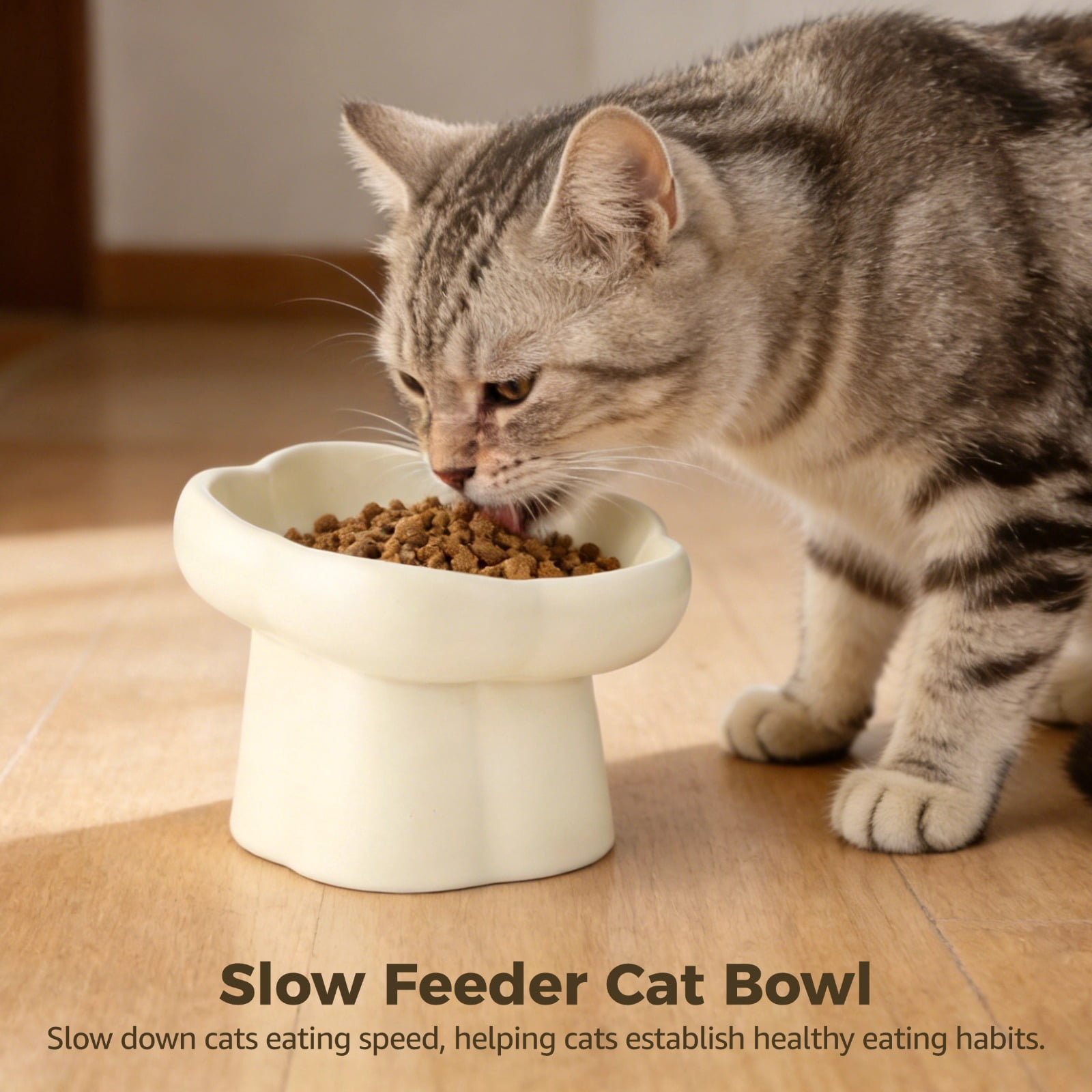 Ceramic Cat Bowl Slow Feeder, 6.8 oz Flower Shaped Elevated Cat Food Bowl with Non-Slip Base, Easy to Clean Raised Pet Dish Anti Vomiting for Dry and Wet Food