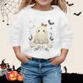 thumbnail image 2 of Krdevn Kids Lace Hem Ghost Bow Floral Leaf Bat Graphic Crewneck Sweatshirt Long Sleeve Casual Pullover Top for Halloween Holiday Outfit White,4-5 Years, 2 of 4