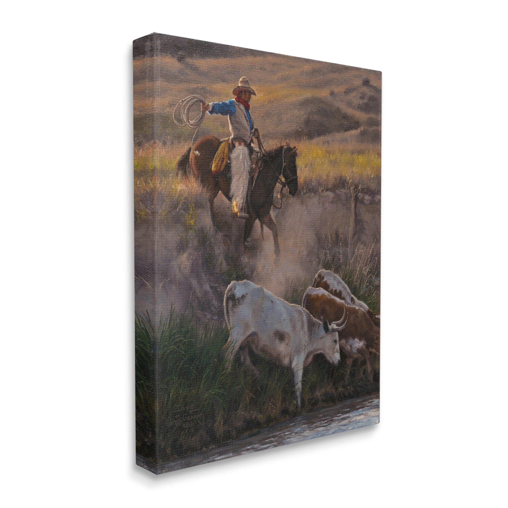 Stupell Industries Cowboy Rounding Up Cattle Lasso Animals & Insects Painting Gallery Wrapped Canvas Print Wall Art
