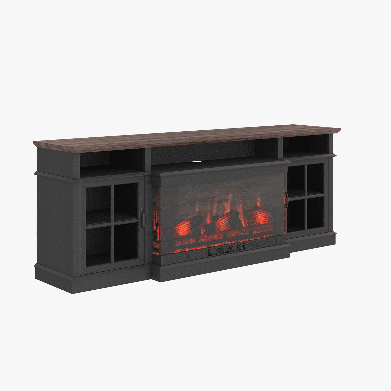 Sonegra 70 inch Fireplace TV Stand for TVs up to 80" with Electric Fireplace, Farmhouse Entertainment Center with LED Lights and Glass Door, Modern TV Consoles for Living Room, Black