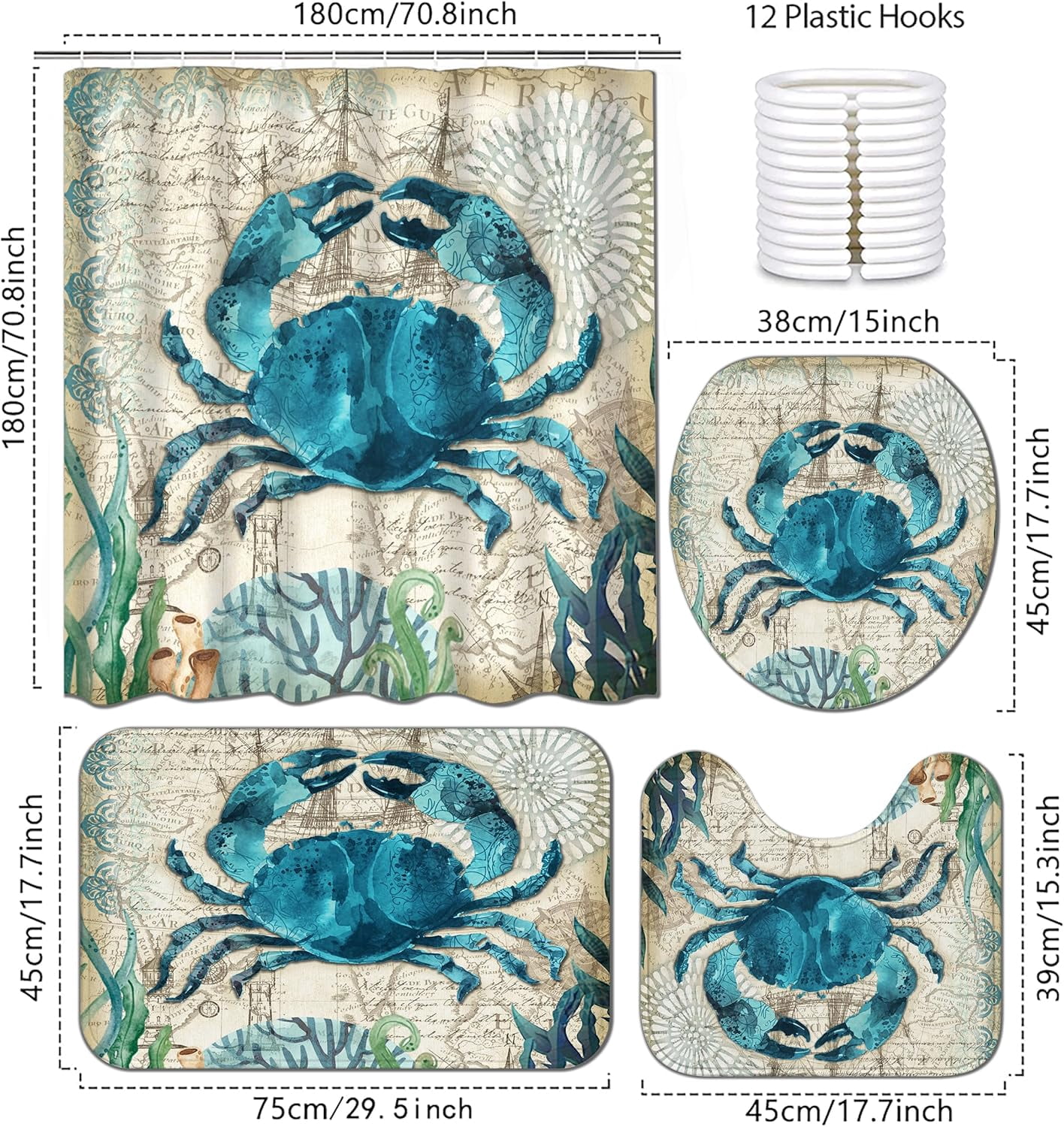 4Pcs Sea Crab Waterproof Shower Curtain Sets,Ocean Bathroom Sets with Shower Curtain, Toilet Lid Rug, Contour Mat and Bath Mat, 12 Hooks Gift for Bathroom Set Decor