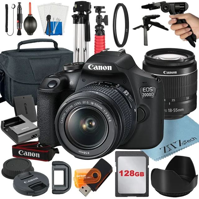 Canon EOS 2000D / Rebel T7 DSLR Camera Bundle with 18-55mm Zoom Lens + 128GB Card + Case + Tripod + ZeeTech Accessory