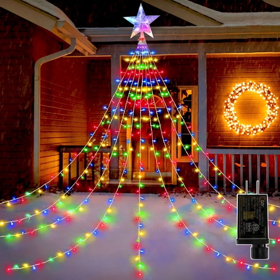 PMMIPNW Christmas Tree Lights Plug in 180LED, Christmas String Light with Topper Star, Waterfall Xmas Tree Lights with for 6ft - 8ft Tree Wall Decoration (Multicolor)