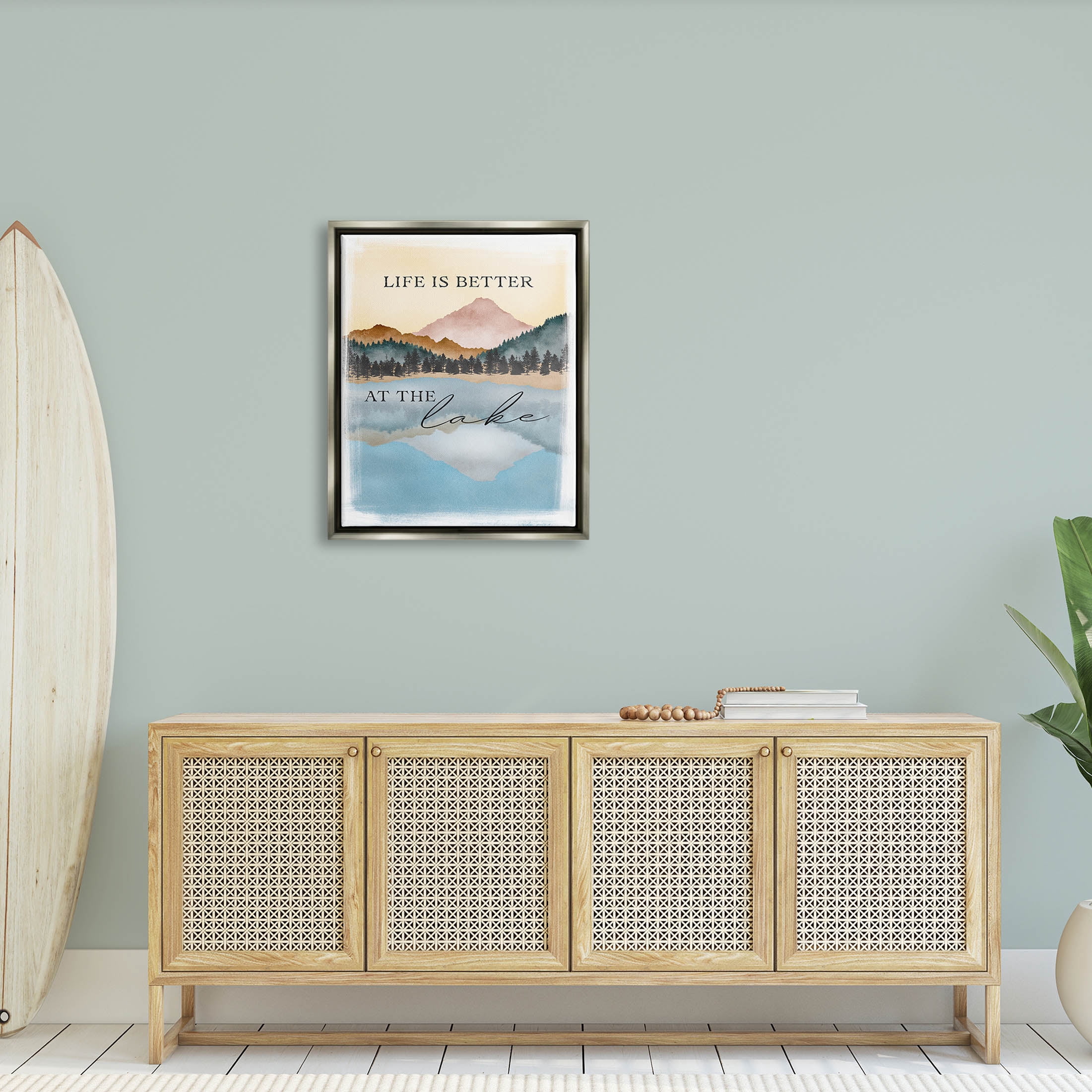 Stupell Industries Better At Lake Phrase Graphic Art Luster Gray Floating Framed Canvas Print Wall Art, Design by JJ Design House LLC