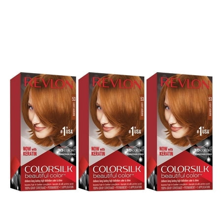 REVLON Colorsilk Beautiful Color Permanent Hair Color with 3D Gel Technology & Keratin 100% Gray Coverage Hair Dye 53 Light Auburn 4.4 oz (Pack of 3)