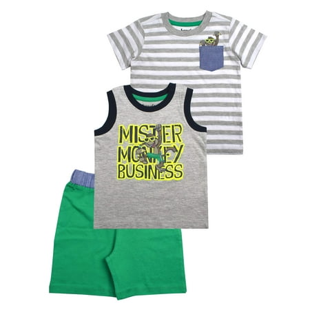 Monkey Business Button Down, Graphic Tee, and Shorts, 3pc Outfit Set (Baby Boys)