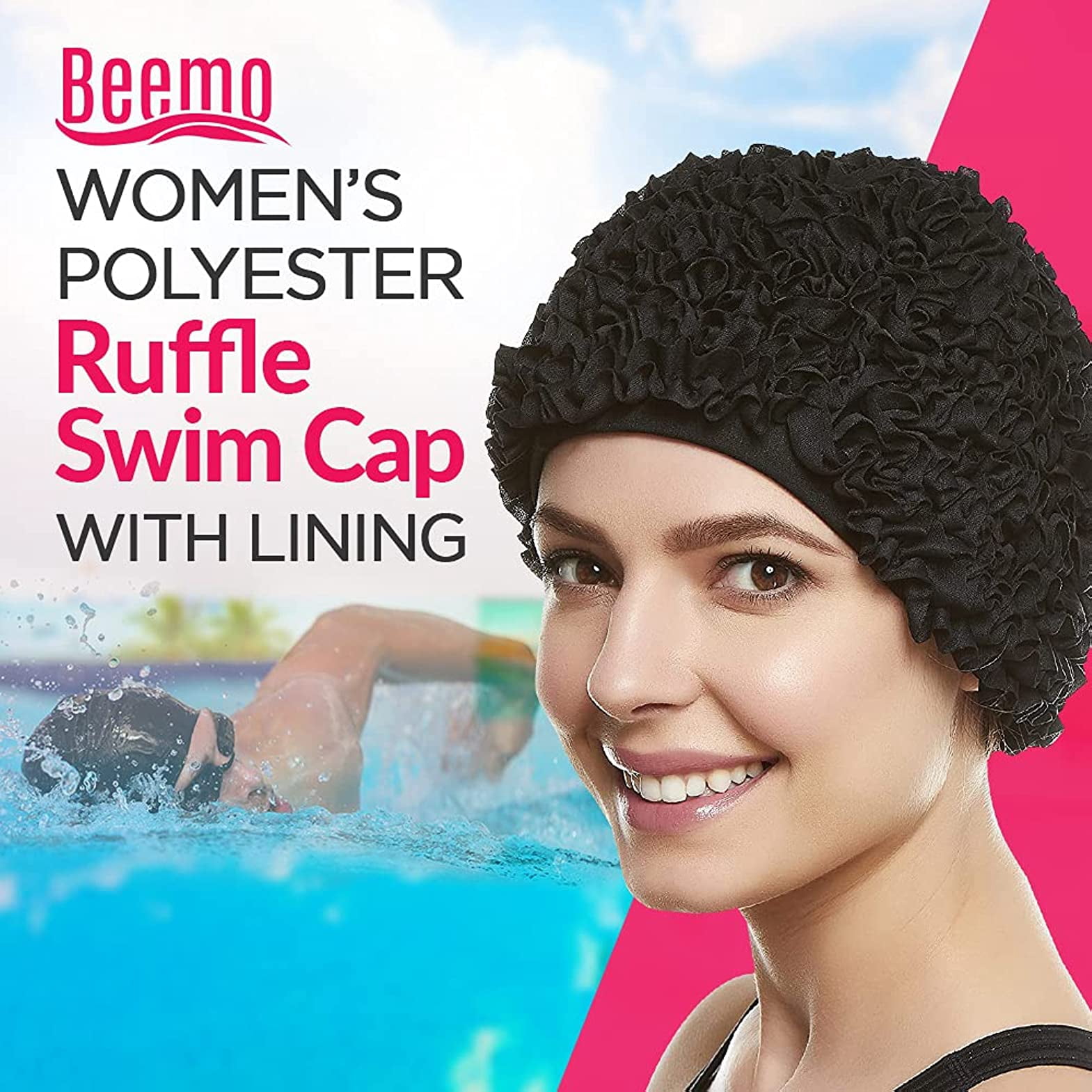 Beemo Women’s Swim Bathing Cap Turban–Polyester Latex Lined Ruffled Shower Cap, White