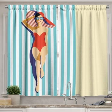 Ambesonne Vintage Woman Kitchen Curtains, Sunbathing Beach, 55"x39", Multicolor