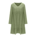 thumbnail image 4 of Olyvenn Womens Pleated Swing Babydoll Midi Dress Fashion Winter Slip Stylish Classic Solid House Dress V Neck Blouse Tie Red Big Hem Loose Casual Smocked Raglan Long Sleeve Prom Dress Green 12, 4 of 6
