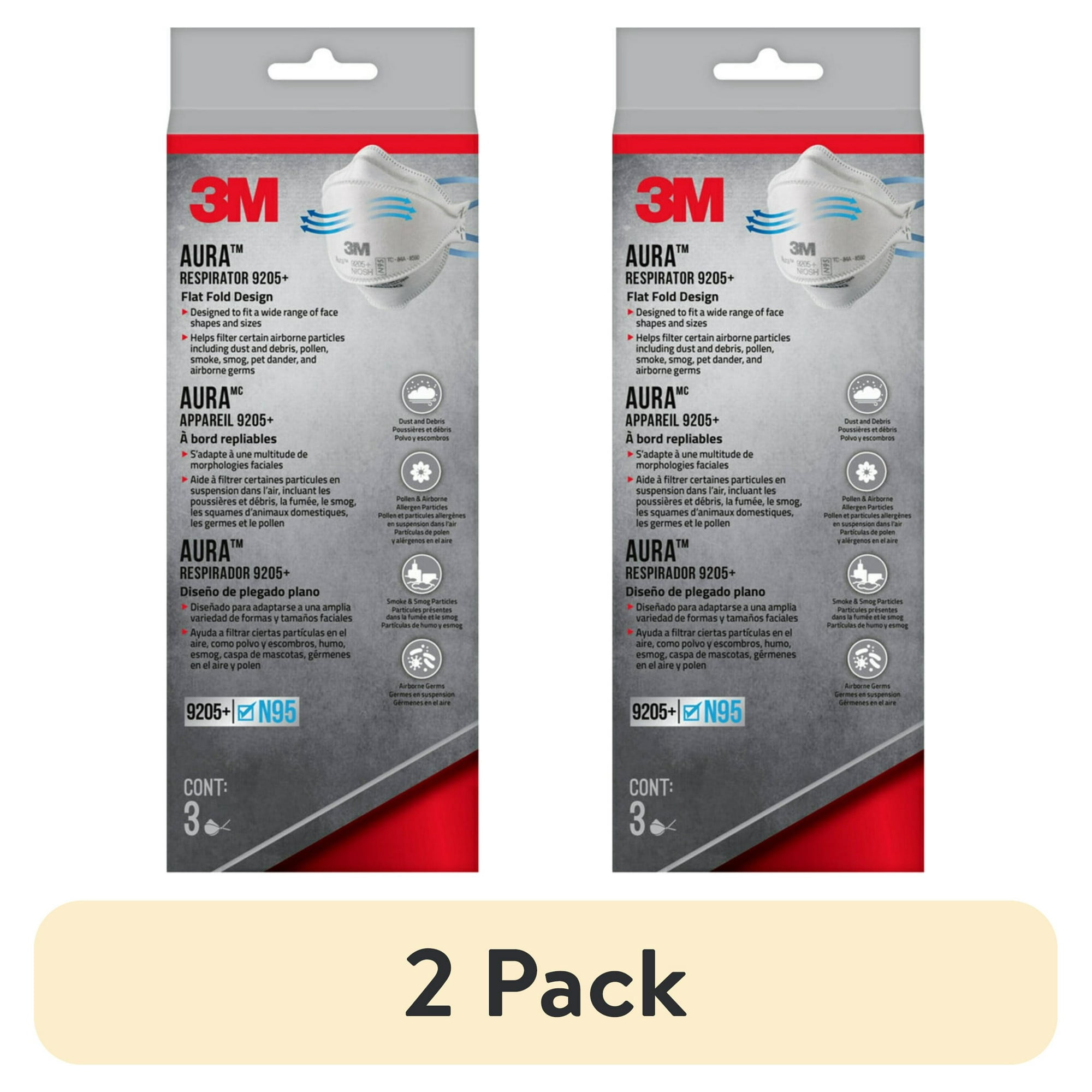 (2 pack) 3M N95 Aura Particulate Respirator 9205+, 3 Pack