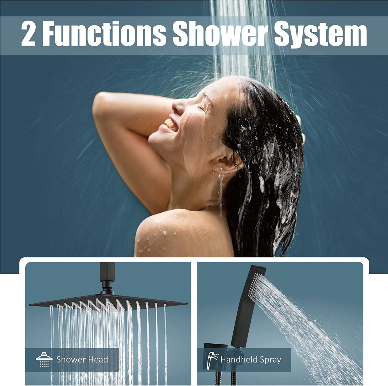 Zovajonia Matte Black Shower System 8 Inches Shower Faucet Set,  Rain Shower Head with Handheld Spray Bathroom Ceiling Mount Shower Fixtures