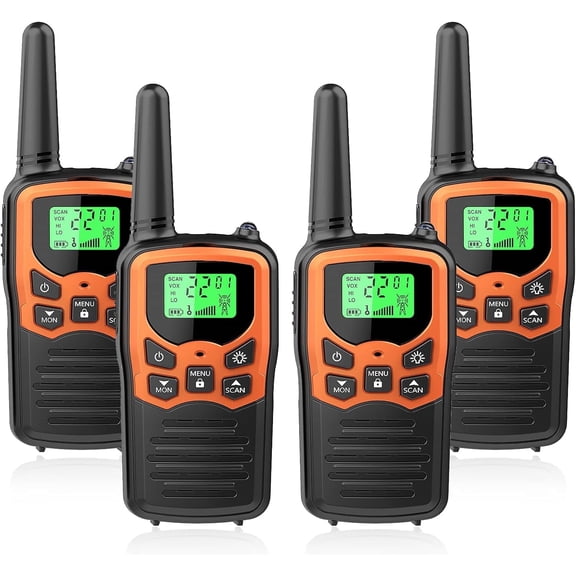 Walkie Talkies, Long Range Walkie Talkies for Adults with 22 FRS Channels, Family Walkie Talkie with LED Flashlight VOX LCD Display for Hiking Camping Trip (Orange 4 Pack)