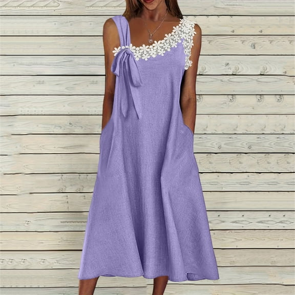 Maqroz Summer Dresses for Women Plus Size One Shoulder Lace Trim Maxi Dress Sleeveless V Neck Cotton Linen Sundress for Beach Vacation Vestidos Para Mujer Purple XXXL