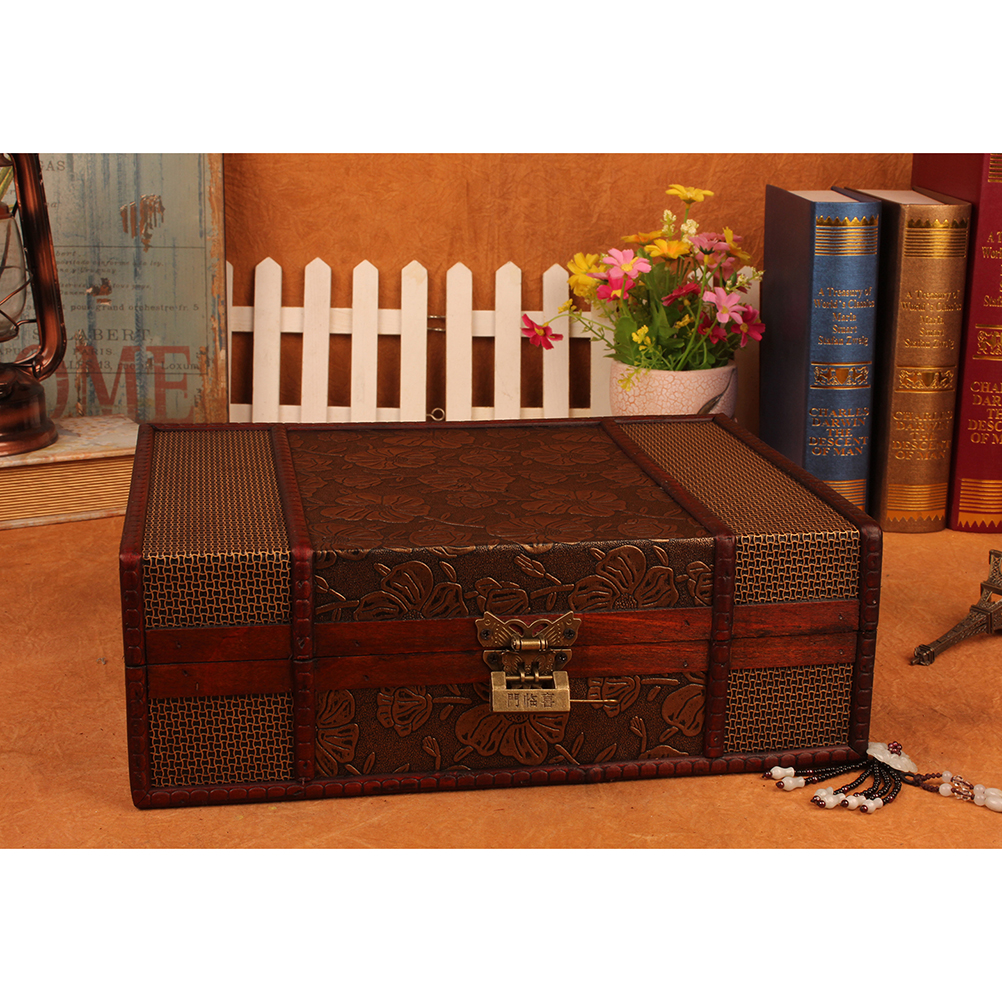 HOMEMAXS Vintage Desktop Storage Boxes Wooden Books Storage Case Jewelry Container Large Sundries Document Box without Lock (Lotus) - image 3 of 6