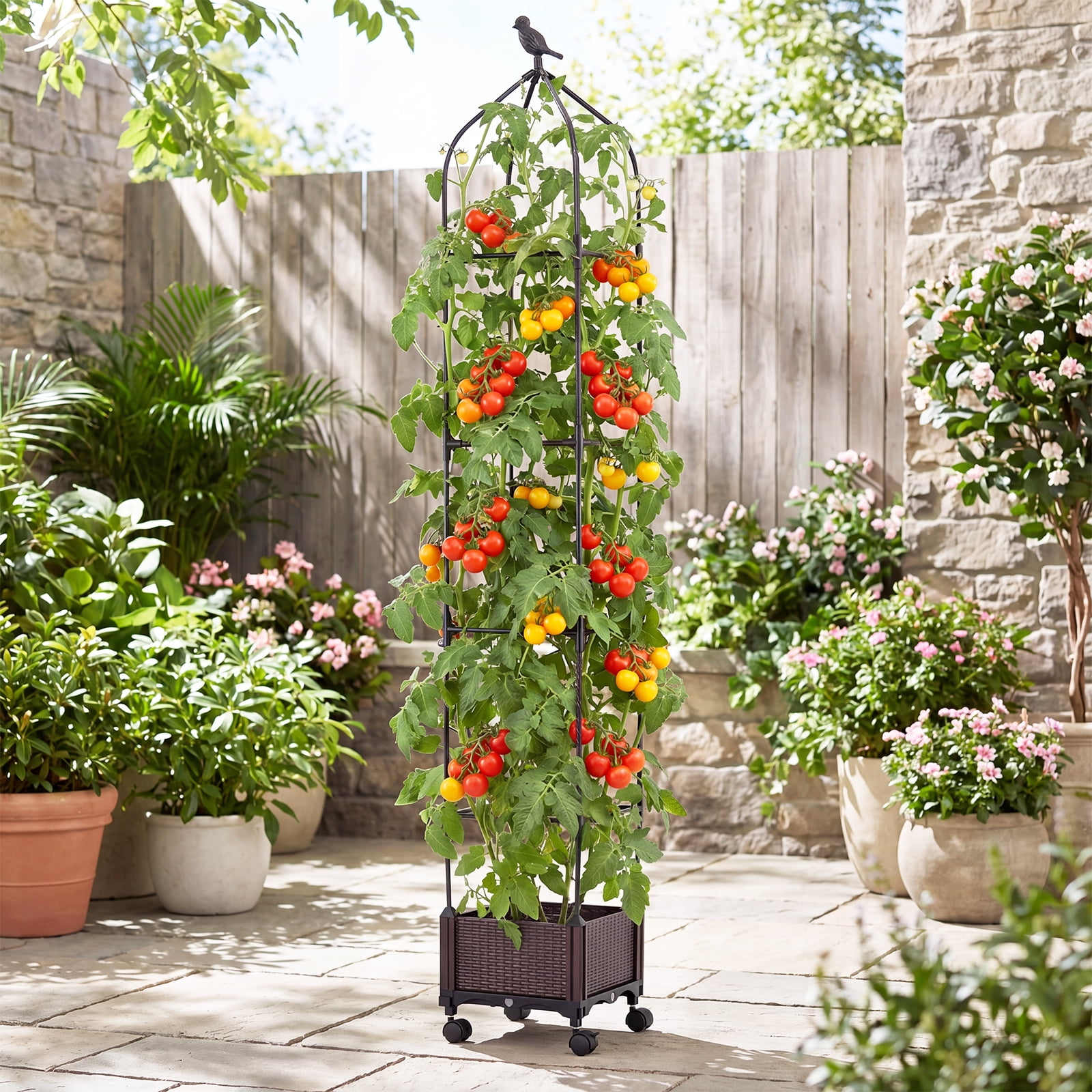 Costway 1 PCS Raised Garden Bed Tomato Cage Planter Box with PE-Coated Metal Trelli Wheels