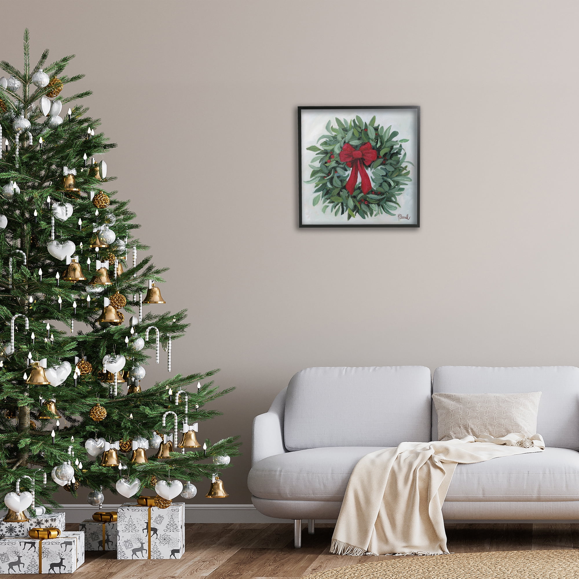 Stupell Industries Wreath with Red Bow Holiday Painting Black Framed Art Prints Wall Art, 24 x 24
