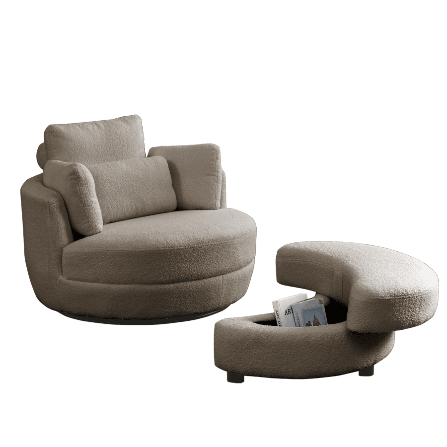 Round Club Chair with Throw Pillows and Head Pillow, Oversized Swivel