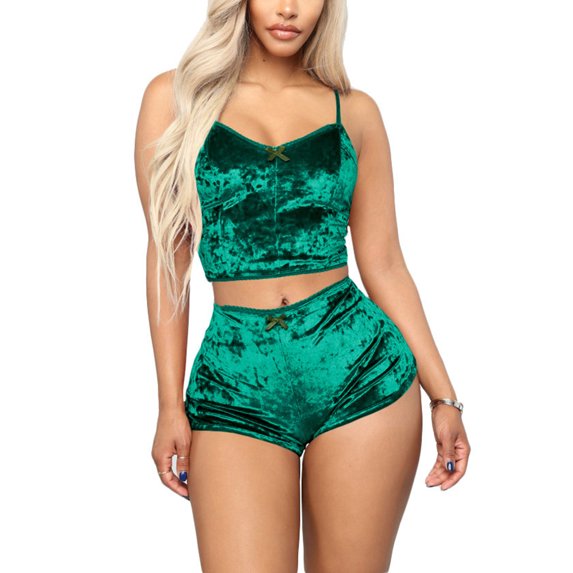 Akmipoem Women 2 Piece Pajama Sets Velvet Sleepwear Camisole Loungwear Crop Short Set
