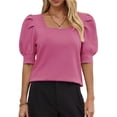 thumbnail image 2 of Solid Square Neck Women's Puff Short Sleeve Sweater Tops Rendy Casual Knit Tops, 2 of 6