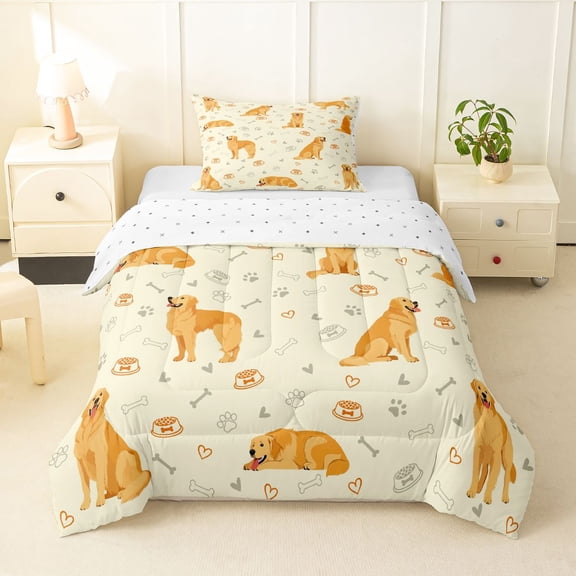 Homewish Golden Retriever Animal Twin Comforter Sets,Dog Paws Bone Bedding Set,Yellow,Reversible,2-Piece,1 Comforter and 1 Pillowcase