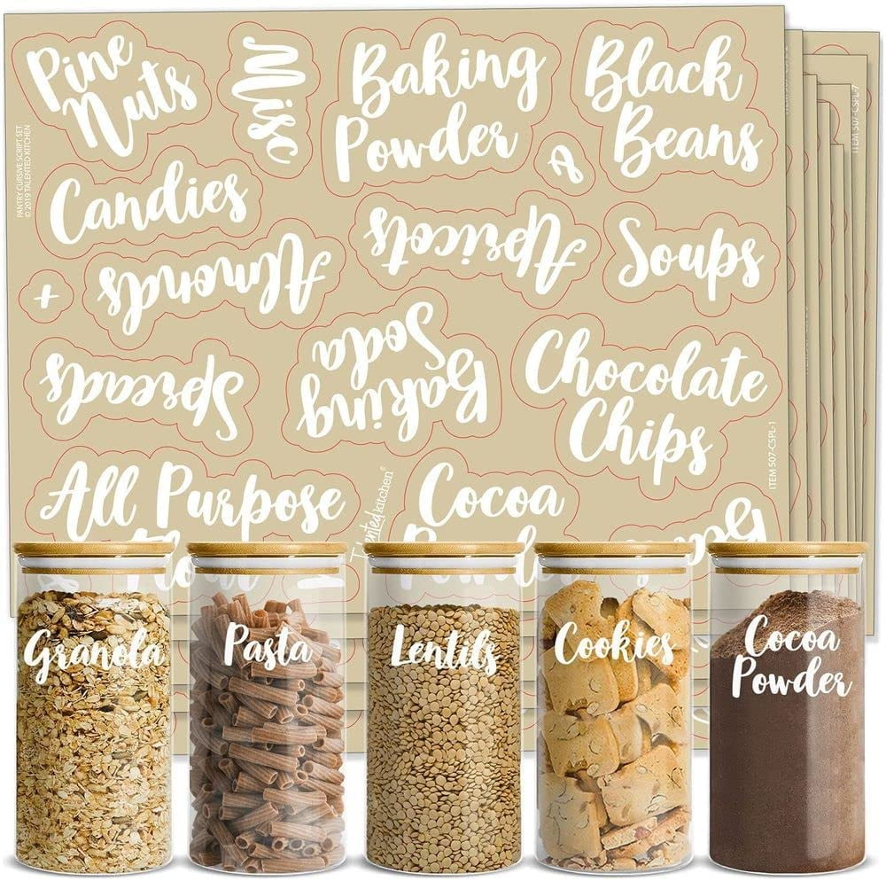 Talented Kitchen 135 White Cursive Pantry Labels Kitchen Pantry Names Food Label Sticker, Water Resistant Pantry Labels for Containers, Jar Labels ...