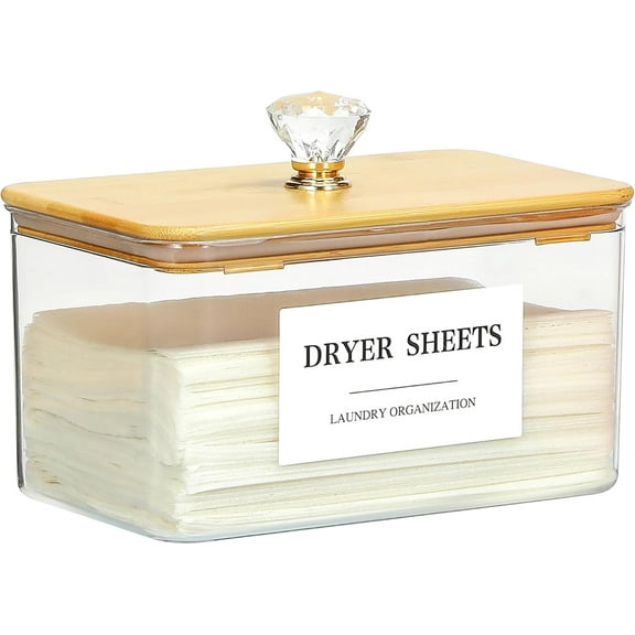 Dryer Sheet Holder with Lid Clear Dryer Sheet Container Dryer Sheet Dispenser with 4 Labels Laundry Sheet Holder for Laundry Room and Organization