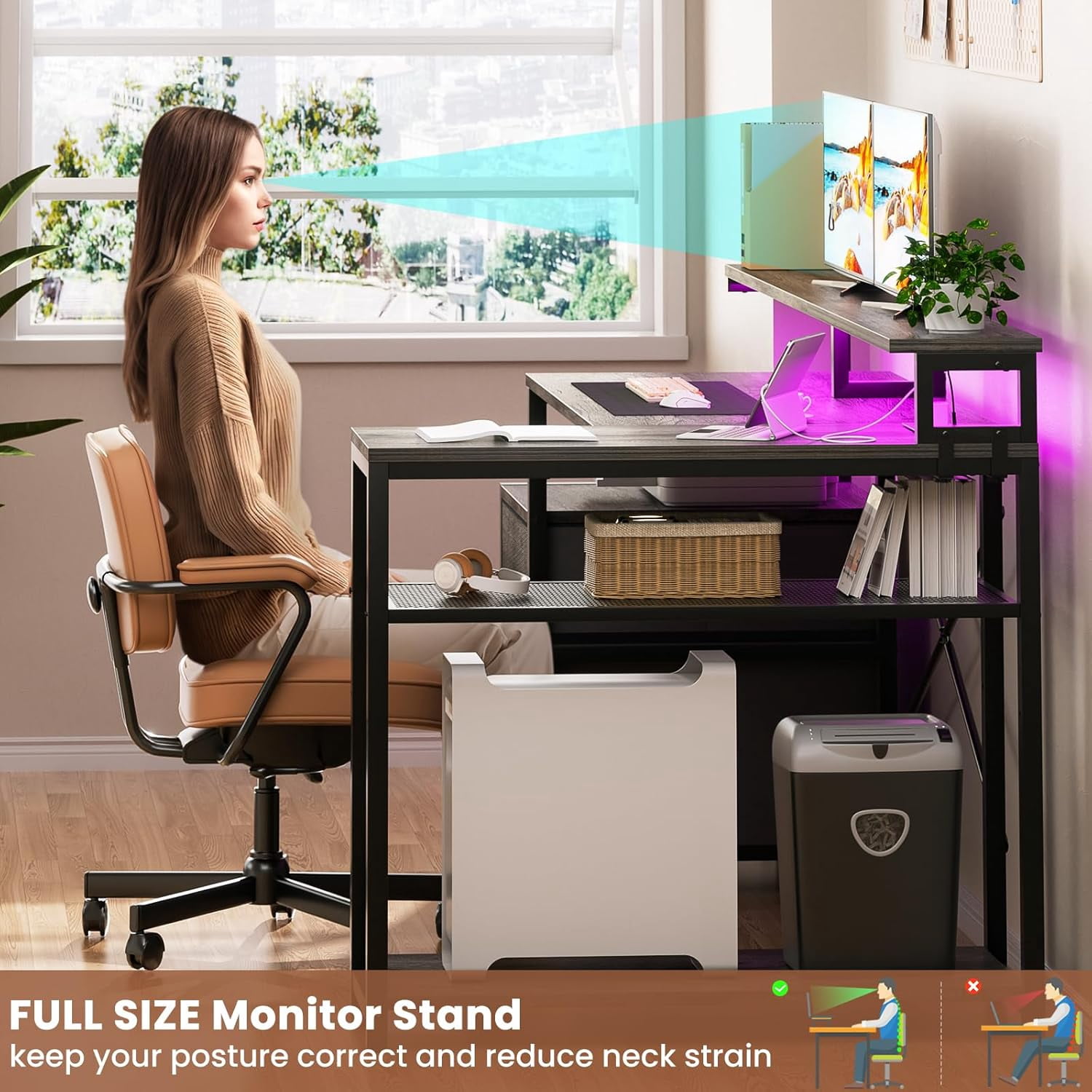 Homieasy L Shaped Desk with Drawer, Reversible L Shaped Gaming Desk with Power Outlet & LED Strip, Home Office Desk with Monitor Shelf, Corner Desk with Storage Shelves,Black Oak