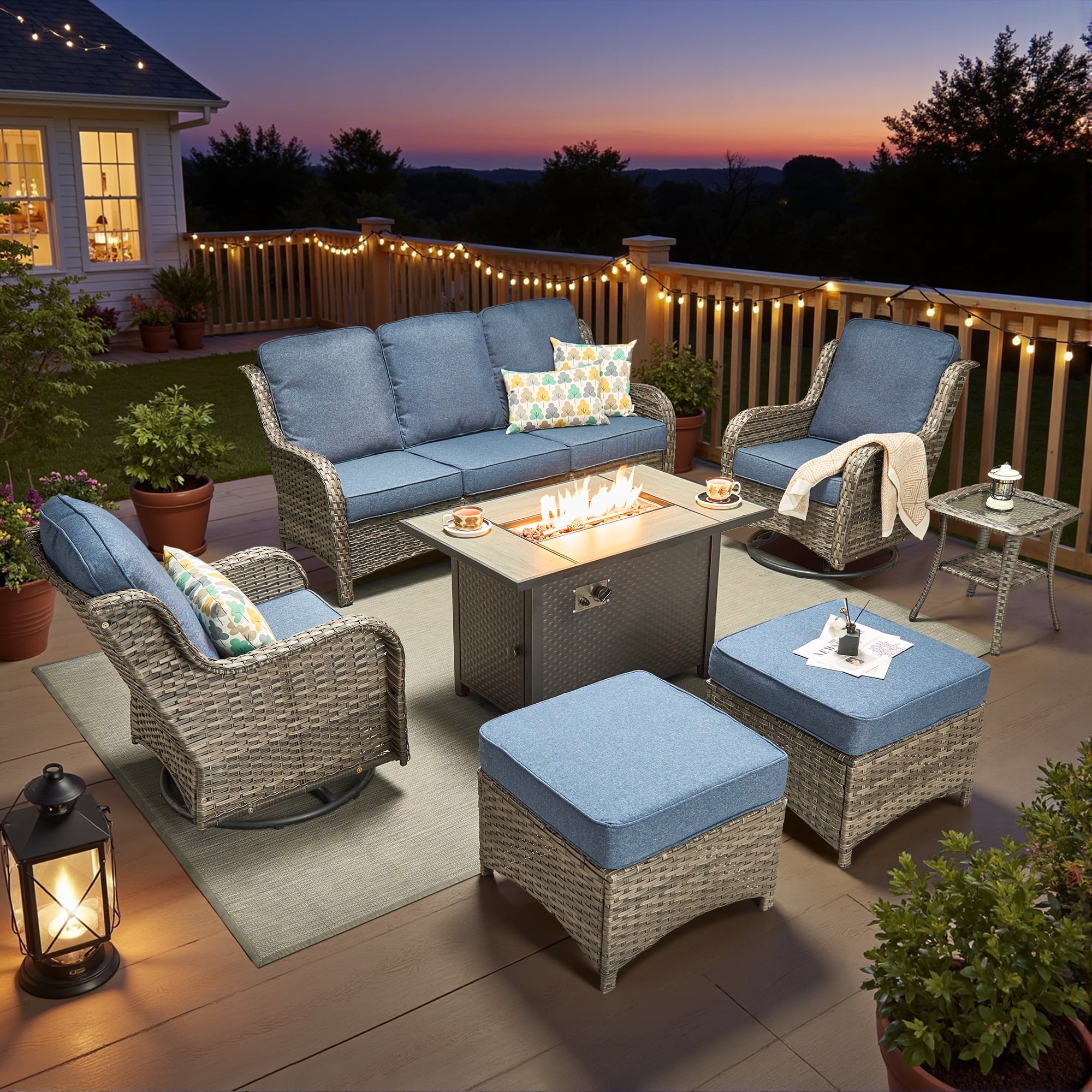 Ovios 7 Piece Outdoor Patio Furniture Set All-Weather Wicker Rattan Conversation Set with High Back Swivel Chairs & Propane Fire Pit Table, Denim Blue