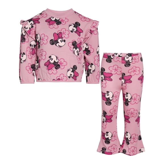Disney Clothes Baby Girls 2-Piece Fleece Outfit – Minnie Mouse Long Sleeve Ruffle Top and Matching Pants Set (12M–24M)