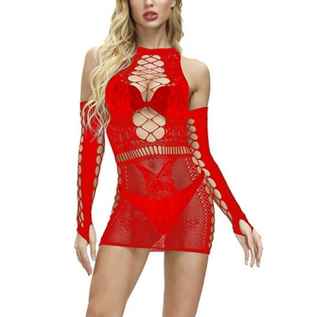 

Qcmgmg Women s Hollow Out Bodysuit Lingerie Set Sleepwear Sexy Mesh Babydoll One Size