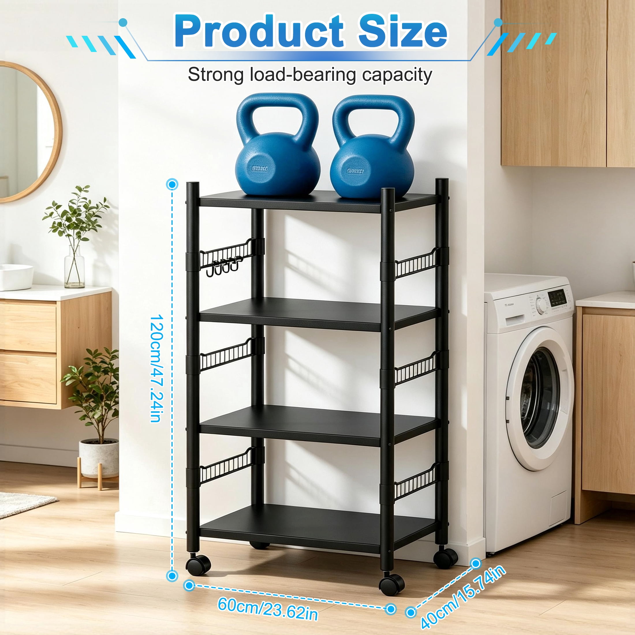 4 Tier Rolling Storage Cart, Metal Kitchen Storage Rack with Wheels, Multifunctional Adjustable Utility Shelving Unit, Mobile Organizer Shelf for Kitchen, Bathroom, Pantry & Laundry Room