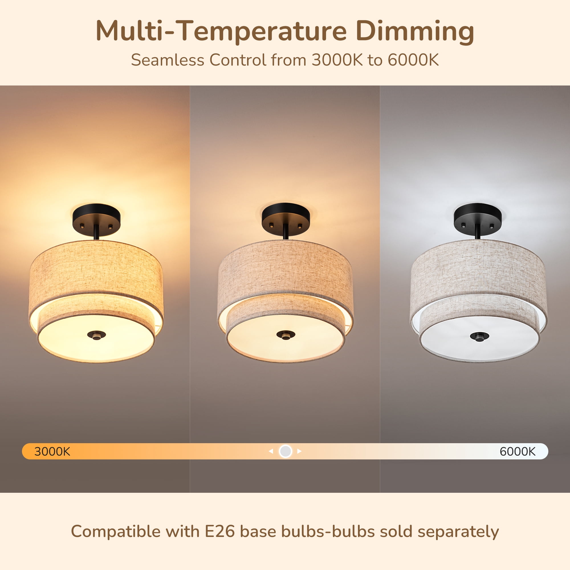 EDISHINE 12.6 Inch Semi Flush Mount Ceiling Light Fixture, Double Drum Shade, Modern Close to Ceiling Lamp,Black for Bedroom Hallway Dining Room Kitchen