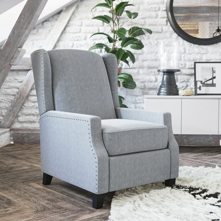 Emma + Oliver Gray Fabric Upholstered Easy Push Back Recliner - Classic Wingback Design with Nailhead Accent Trim and Footrest