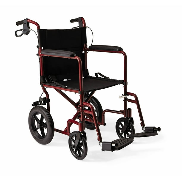 Medline Lightweight Transport Wheelchair With 12 Rear Wheels Folding Transport Chair 300lb Weight Capacity Red Frame Walmart Com Walmart Com