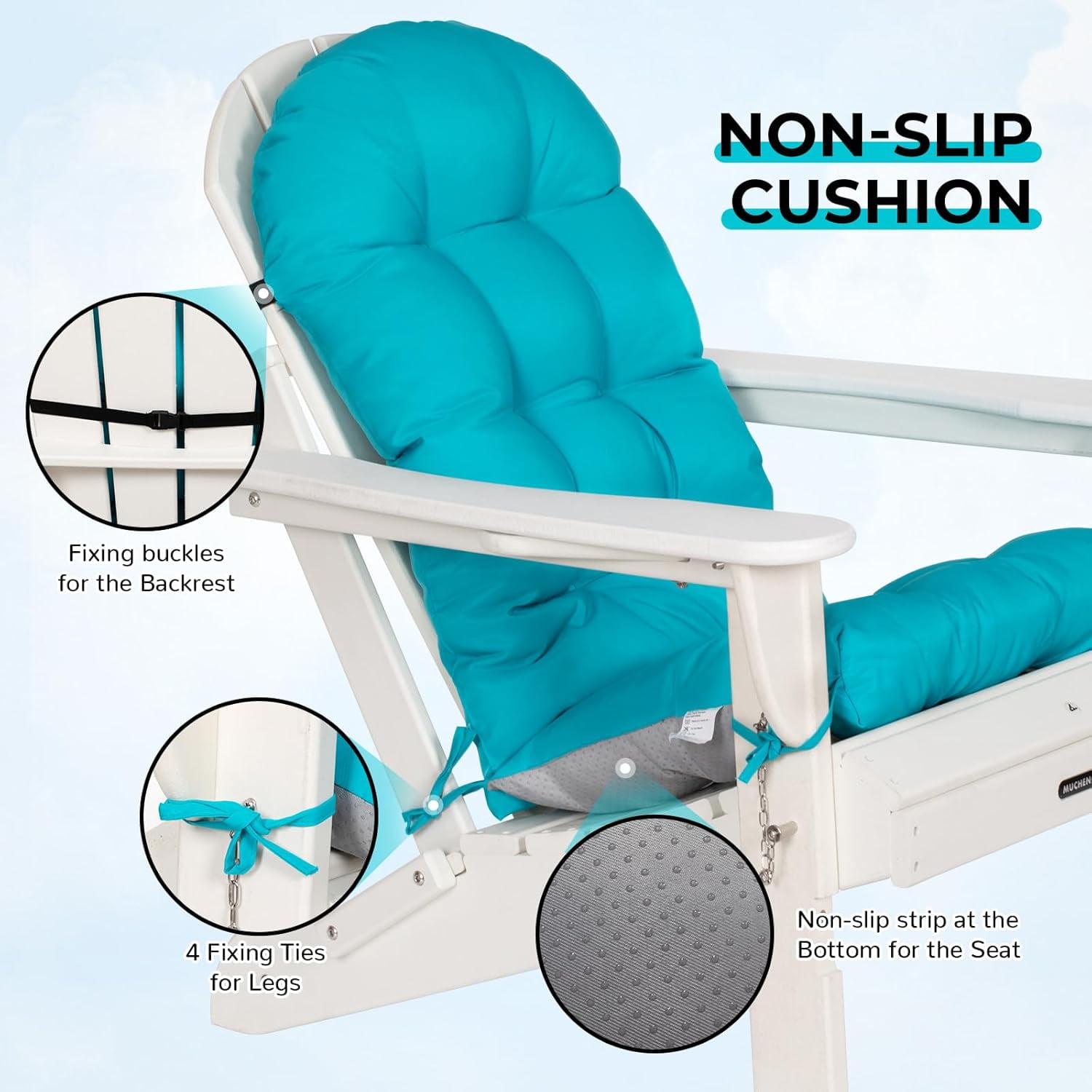 Nalone 2 Pcs Outdoor Adirondack Chair Cushions, Weather Resistant Patio Rocking Chair Cushion, Non-Slip Water Resistant High Back Patio Pad with Ties Blue