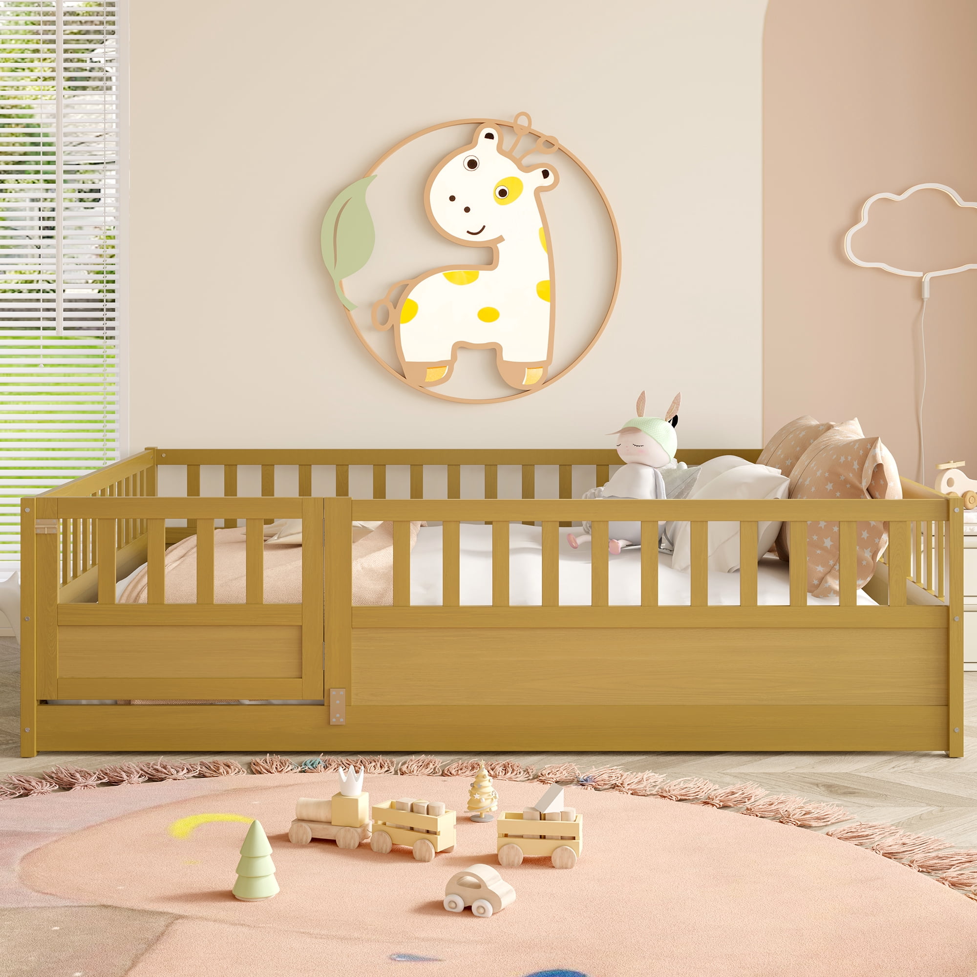 Floor Bed, Low-Profile Bed Frame, Full Size Bed with High Safety Barrier, Door and Support Slats for Stability, Solid Pine Wood Construction, Natural Wood