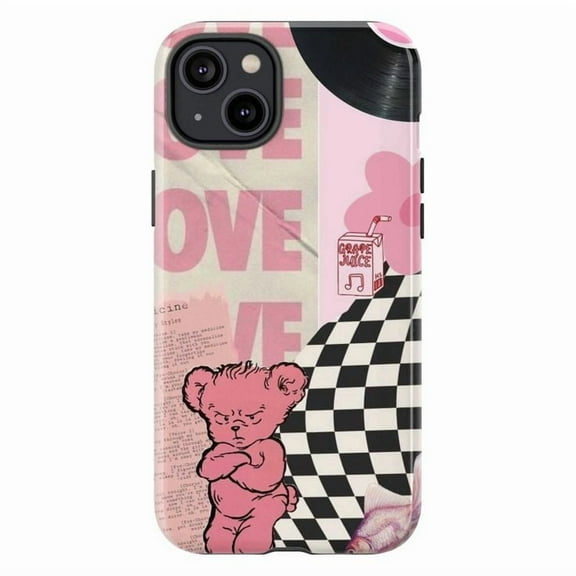 Pink Aesthetic Bear Collage Phone Case, Retro Love Newspaper and Checkered Pattern Protective Cover for iPhone 17 16 15 14 13 12 11 Pro Max Plus Mini