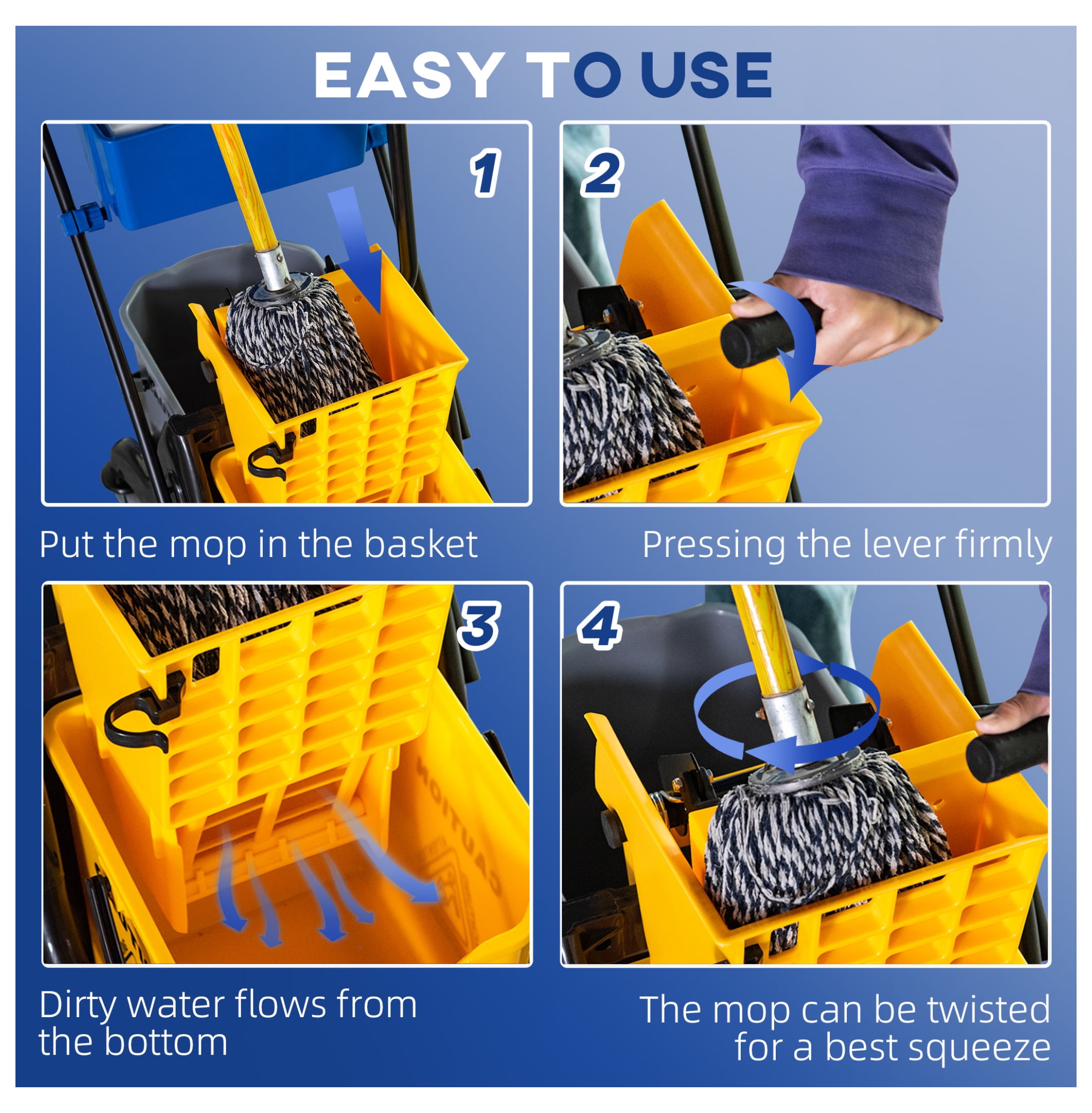 6.9 Gallon Mop Water Bucket Wringer Cart with Easy to Use Side Press Wringer, Smooth Wheels, Mop-Handle Holder