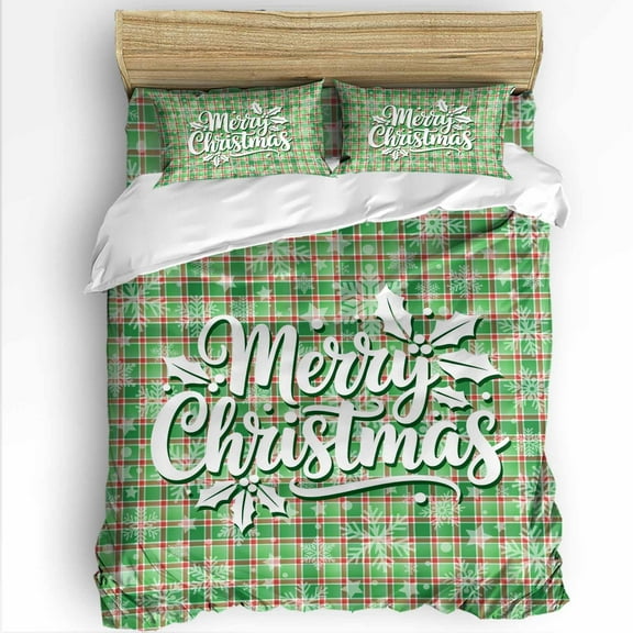 Merry Christmas Queen Size Comforter Set, Poinsettia Winter Snowflakes Green Plaid Soft Bedding for All Seasons, 4 Pcs Bed Set with 1Comforter (90"x92") ,1 Sheet(94"x116"), 2 Pillowcases (19"x29")