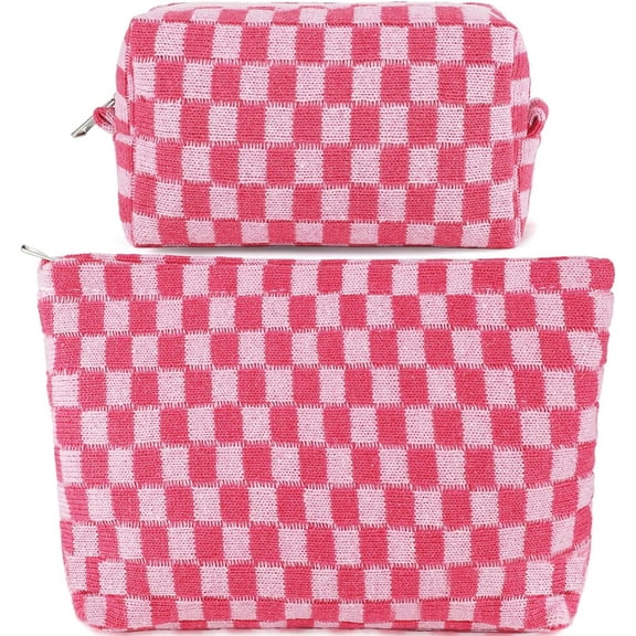 2Pcs Makeup Bag for Women Checkered Cosmetic Bag Set Travel Toiletry Makeup Pouch Cute Makeup for Purse Zipper Storage Brushes Aesthetic Accessories Girls Car Essentials(pink)