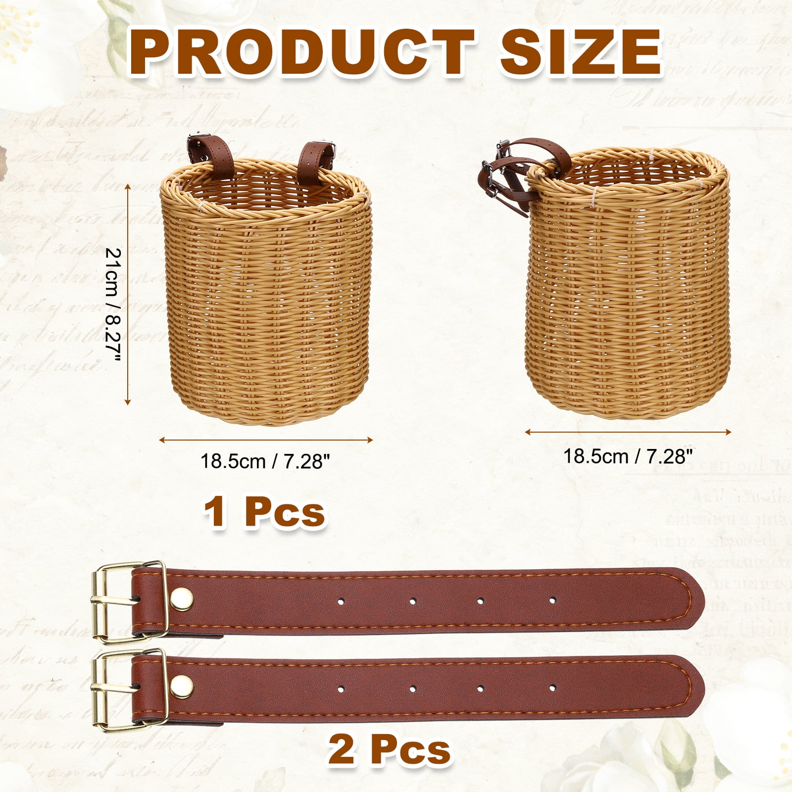 Uxcell Bike Basket, Imitation Rattan Bicycle Basket Adjustable Front Baskets with 2 Leather Belt Buckles Strong Load 7.3 x 7.3 x 8.2" & Apricot-Fitting For(Most Bikes/Tricycle/Scooters)