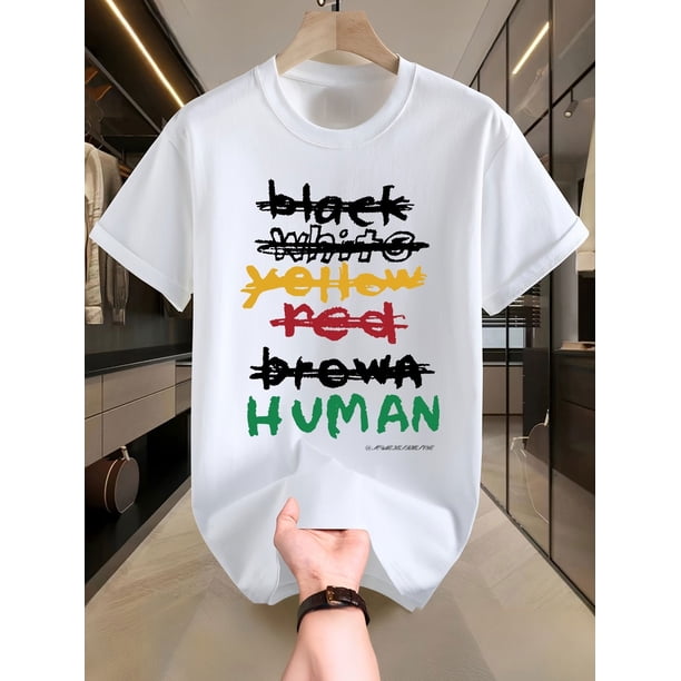 Men'S Casual Cotton T-Shirt with Creative Equality Print, Crew Neck, Slight Stretch, Regular Fit, Summer Knit Fabric Top - 100% Cotton, 220g/m2