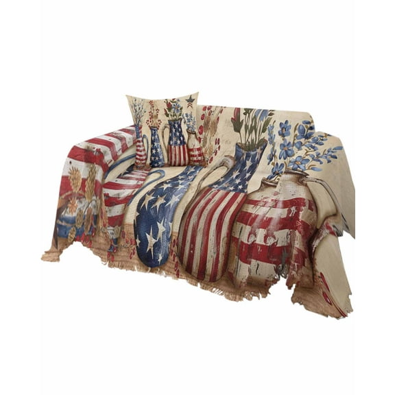 Patriotic Bottle Floral Sofa Couch Covers for Dog,Washable Sectional Couch Slipcovers for Loveseat with Tassels,Vintage Country American Flag Non Slip Sofa Throw Cover Blanket Large 71''x102''