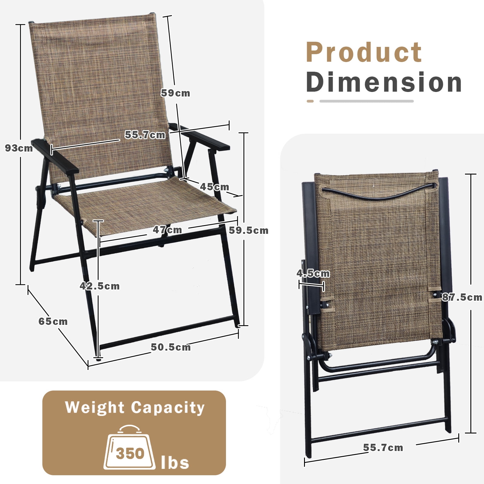 Set of 2 Outdoor Folding Chairs, Portable Patio Dining Chairs with Armrests & High Back, Sturdy Steel Frame for Garden, Lawn, Poolside, Camping (Brown)