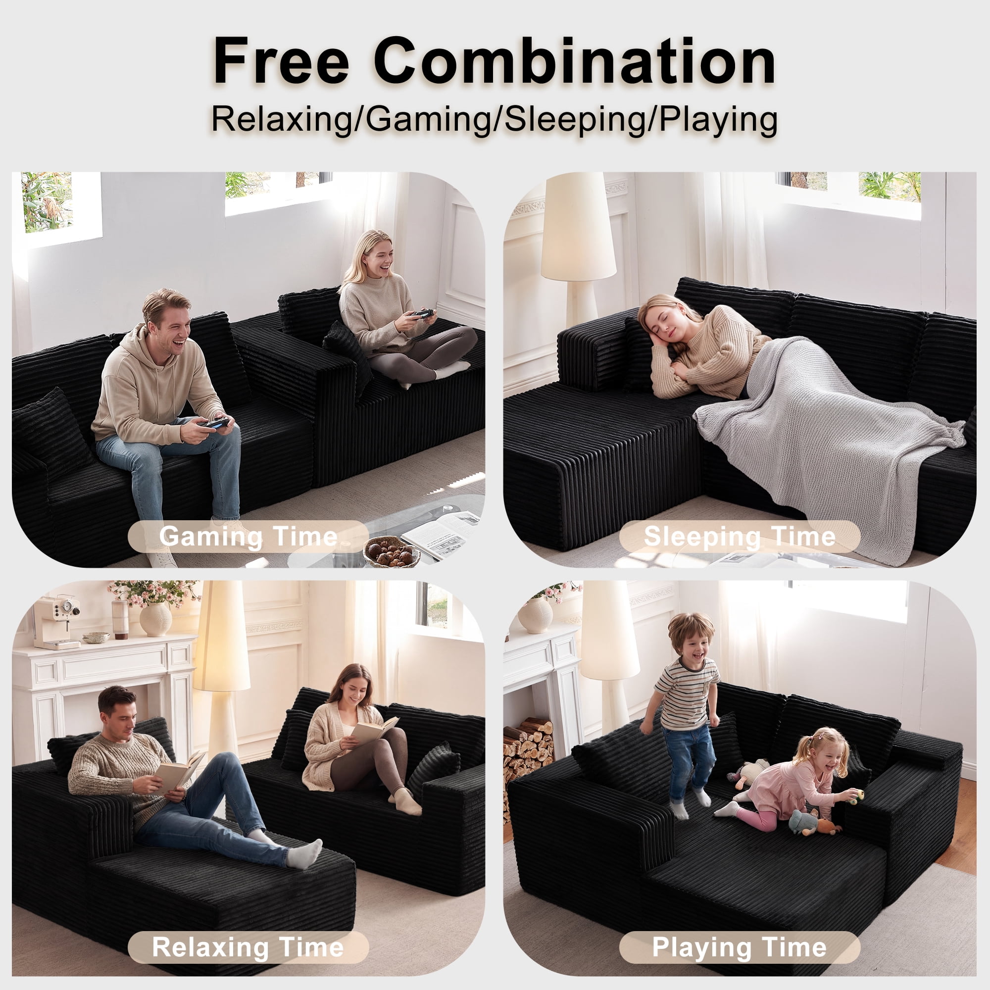 Actoroom 106" Modular Sectional Couch, L-Shape Boneless Cloud Couch, 4 in 1 Convertible Upholstered Sofa for Living Room, Black