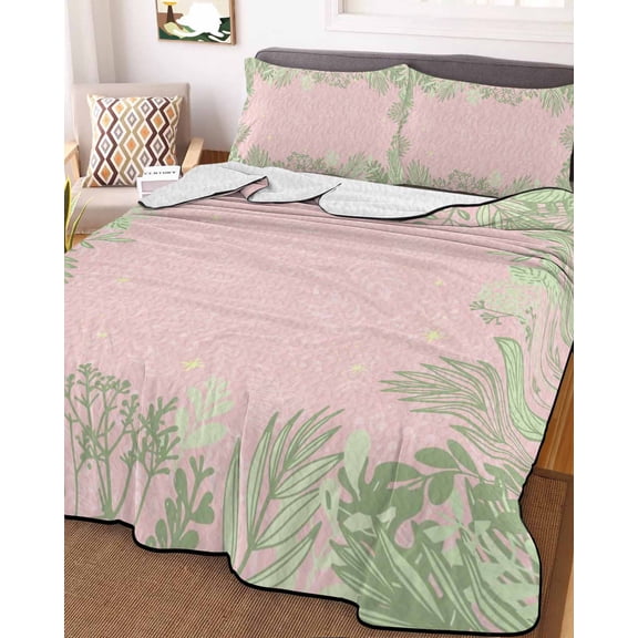 Pink Leaves Full Size Down Alternative Comforter, Lightweight Comforter Quilt Bedding Set with Pillow Shams Green Summer Botanical Pastoral All Seasons Bed Comforter Duvet Insert 78"x90"