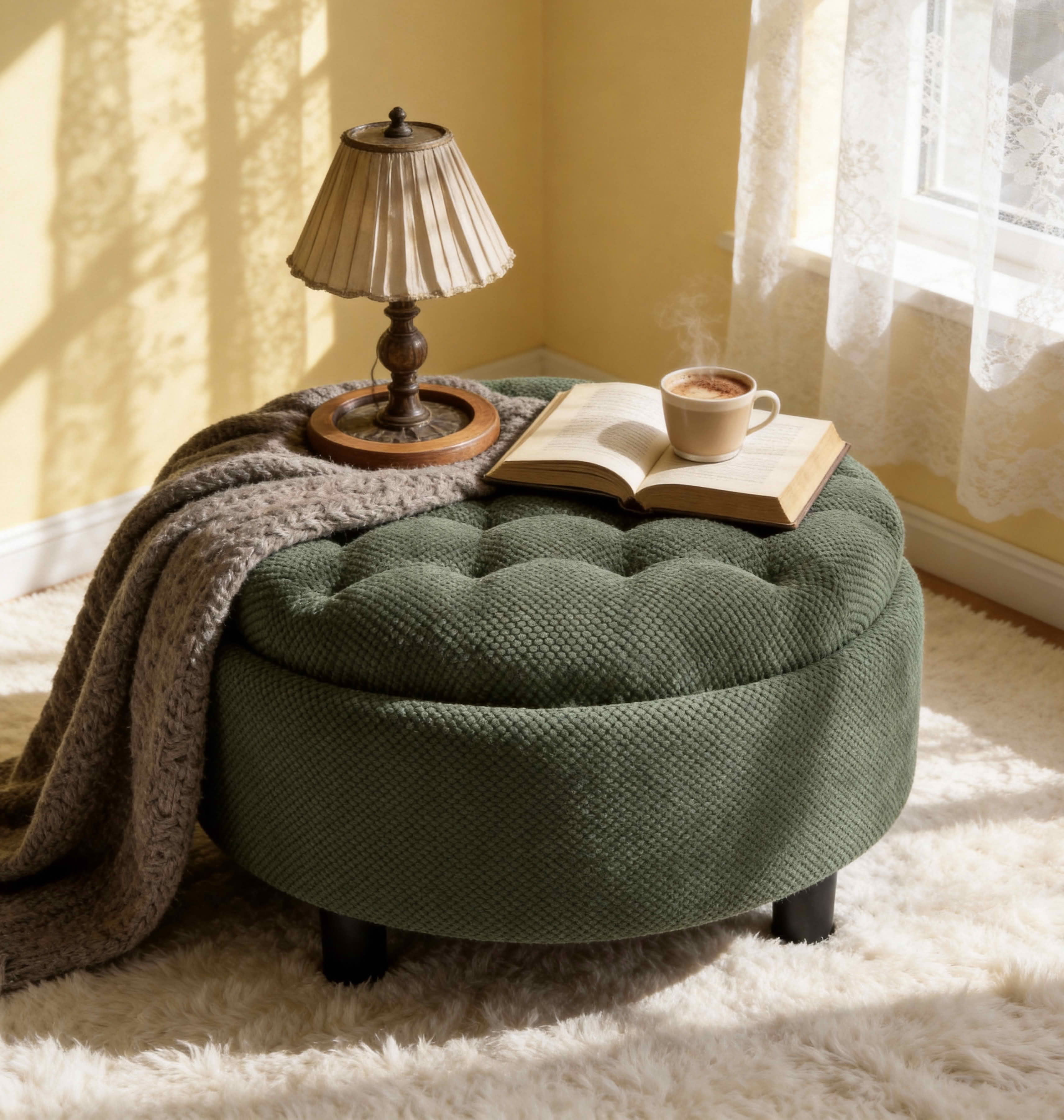 MAYEERTY 25 In Round Storage Ottoman with Tray, Tufted Fabric, Coffee Table Ottoman, Dark Green
