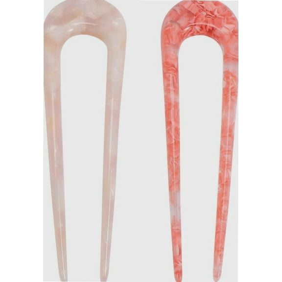 2pcs U Shaped Hair Pin Fork Sticks French Style 2 Prong Updo Chignon Pins Cellulose Acetate Hair Sticks for Women Hair Accessories Pink, Red