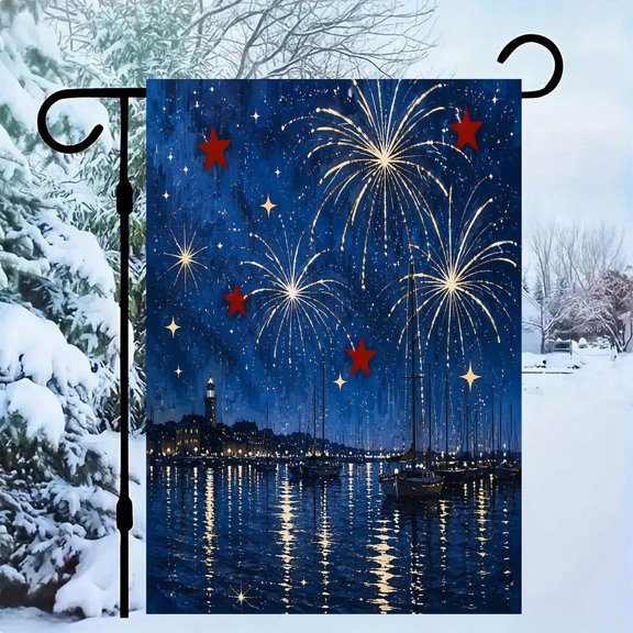 RKSupls Patriotic Linen Double Sided Garden Flag, Independence Day Themed Yard Decor, Freedom Eagle Fireworks Landscape Outdoor Banner for Holiday Lawn