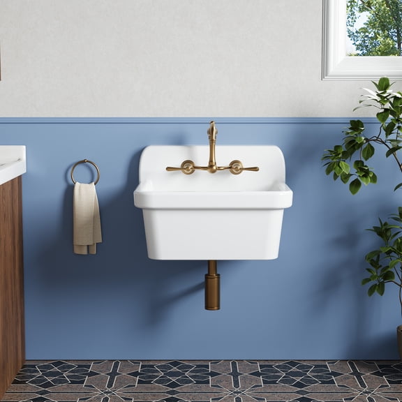 24 Inch Wall-Mounted Ceramic Utility Sink, White Farmhouse Laundry Sink with High Back Design, Durable Porcelain for Bathroom, Kitchen, Garage